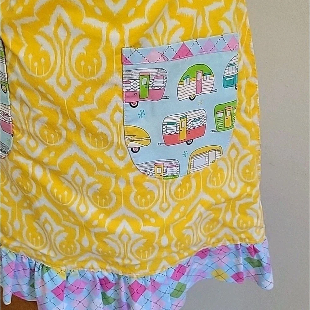 Handmade Halter Apron Retro Campers Damask Print Reversible Self‎ Tie Mod Foodie